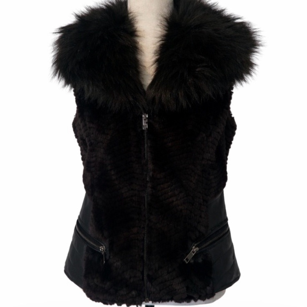 GUESS Faux Fur Mob Wife Vest Black Faux Leather Quiet Luxury Moto Glam Goth M